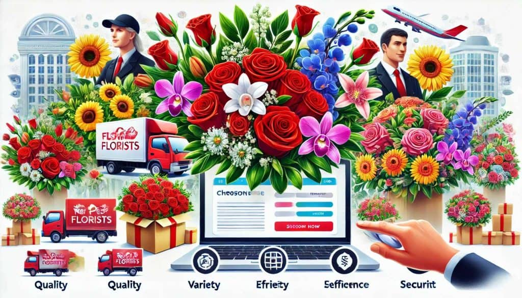 An illustration for The Red Petal Florists showing the reasons to choose them for sending flowers to Kenya. The image features vibrant, freshly-picked