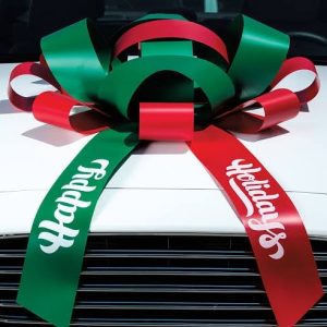 Christmas-themed car bow in festive red and green, perfect for holiday car gifting.